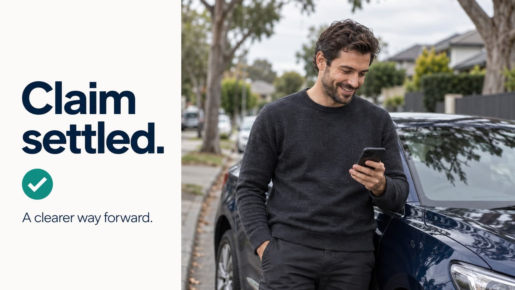 Claim settled. A clearer way forward. Illustration of a relieved driver viewing his phone beside a car