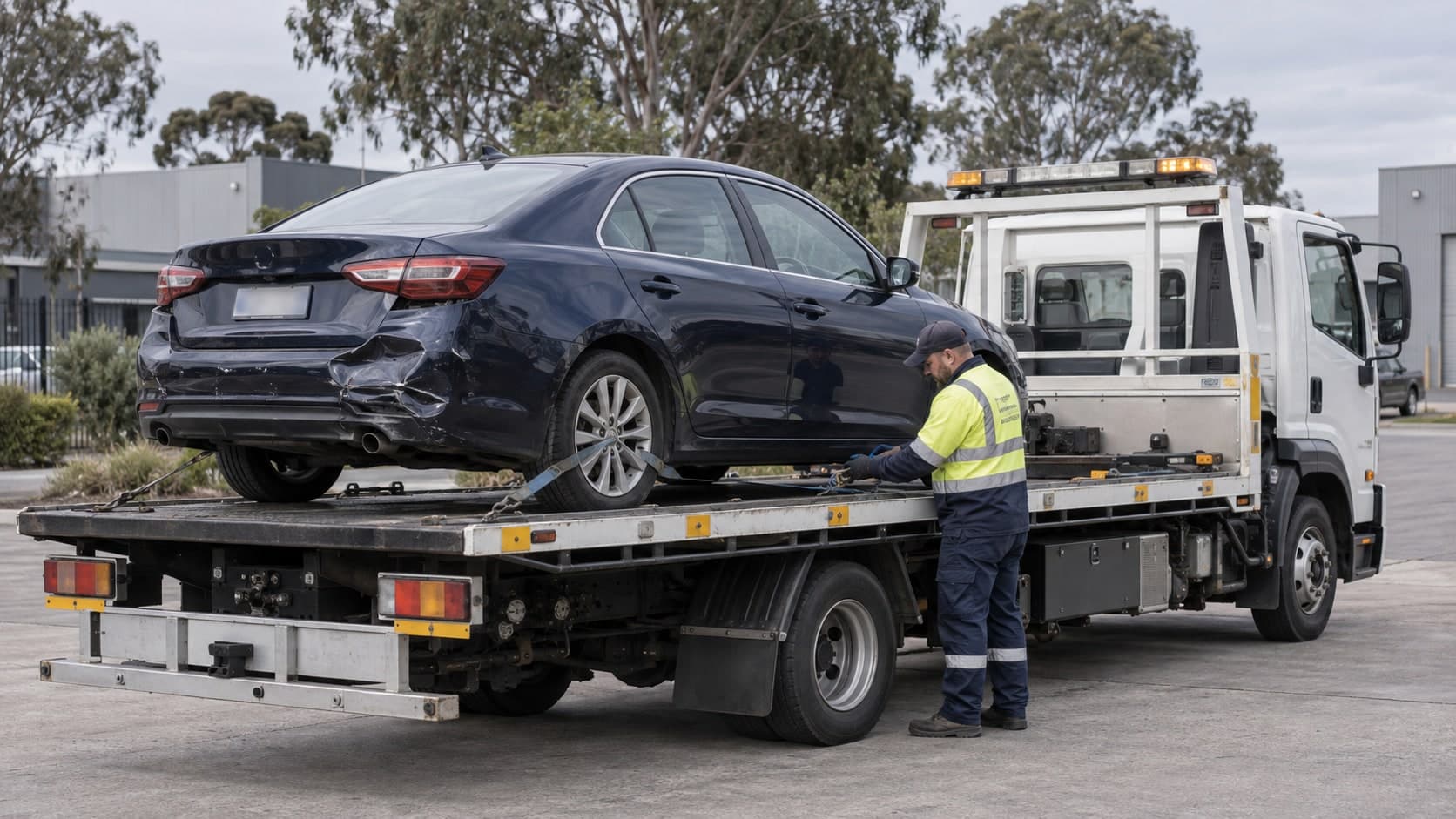 Illustration of a recovery operator checking a damaged car on a flatbed truck